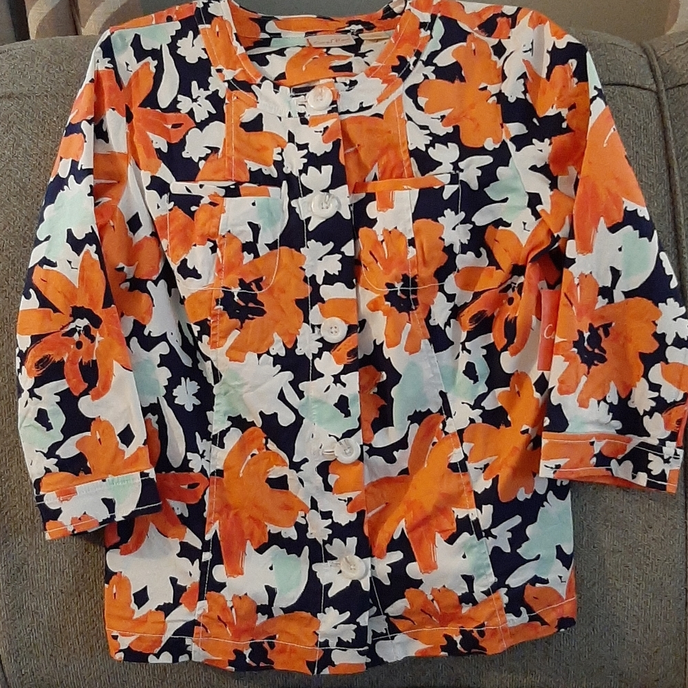 New Women's Coral, Navy Floral Jacket Top, Sz S